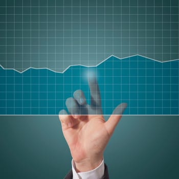 business man touching graph on screen, blu background