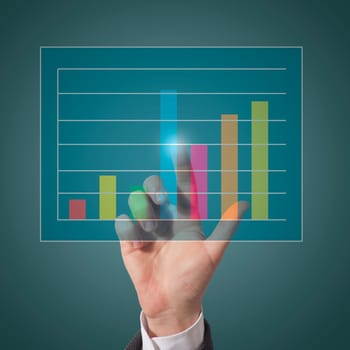 business man touching graph on screen, blue background