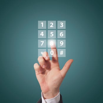 business man compose telephone number on screen, blue background