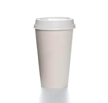 White paper coffee cup with plastic cap on top and shadow underneath. Blank space for copy on cup and besides. Square format.