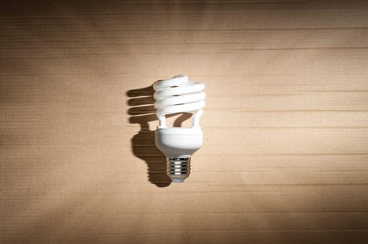 white fluorescent light bulb with strong shadow against cardboard background
