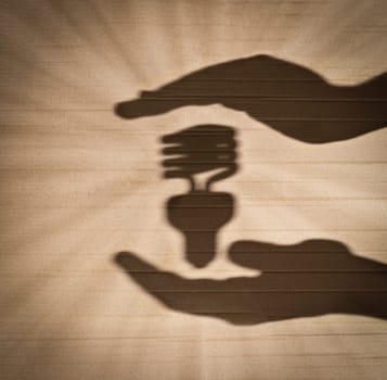 shadow of human hands holding shadow of fluorescent light bulb against cardboard background