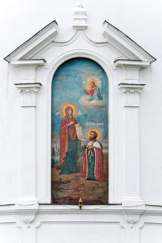 details of Bogolubovo monastery including window with painting  (monastery is dating from 1866)