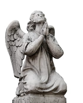 Beautiful statue of the angel praying. Isolated on white background