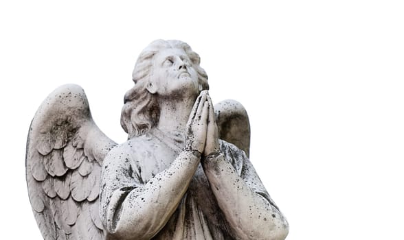 Beautiful statue of the angel praying. Isolated on white background