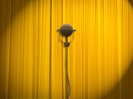 stage of the theatre with yellow curtains closed and old fashion microphone in front of the curtains