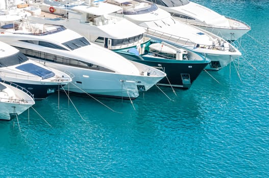 Beautiful white modern yachts at sea port in Nice, France, Europe.