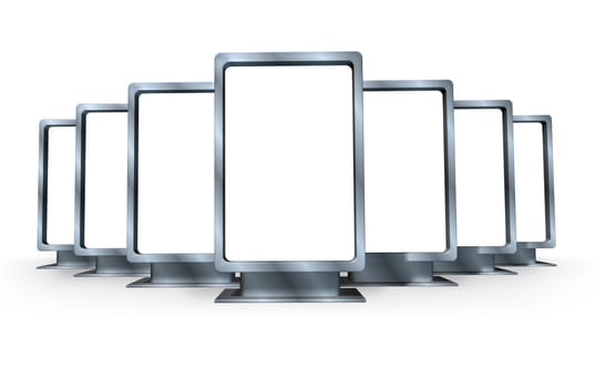 Advertising and marketting campaign with multiple blank vertical billboards made of shiny metal in different angles representing a sales display for a ad program for selling goods and servisces for a business .