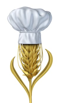 Bakery and baker symbol with wheat on a white background as a single growing natural grass plant and chef hat for farming and harvesting a healthy  high fibre yellow golden grain crop for baking and baked goods like bread and cereals and pastries.