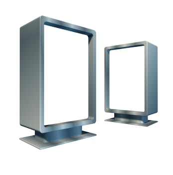 Blank vertical billboards in different angles representing an advertisement commercial display for a promotional campaign as a marketing business made of shiny metal.