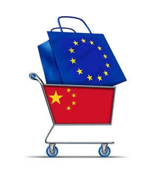 Europe bailout with China buying European debt with a shopping cart as a Chinese concept and a bag with a flag of the European Union as an economic trading idea of selling  European assets to Asia.