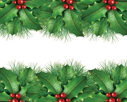 Christmas background image with  wreath holly and green pine