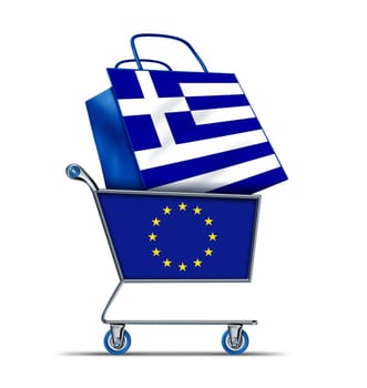Greece for sale with Europe buying Greek debt  with a shopping cart as a  European Union concept and a shopping bag with a flag of Greece as an economic trading idea of the state of the Greek financial health in regards to selling assets from the mediterranean.