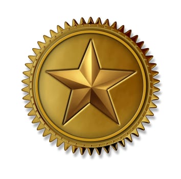 Gold star award medal as a first place golden seal with number one rating prize for best in class service and quality for winning the highest level in customer satisfaction and success in being the top on a white background.
