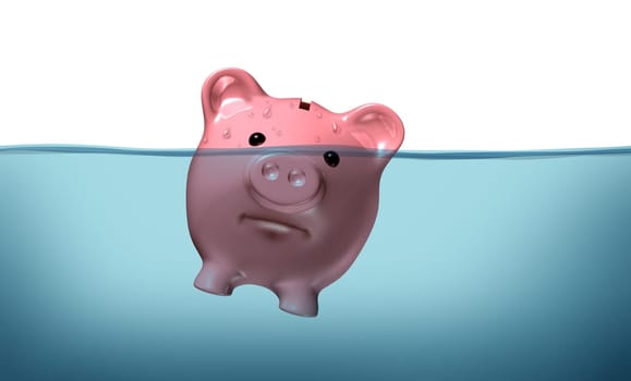 Drowning in debt and keeping your financial head above water represented by a piggy bank pink pig sinking in blue water as a symbol of urgent business and money management failure and defeat.