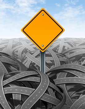 Challenges symbol with blank yellow road sign for Solutions and answers for success with clear vision and strategy finding the clear path through a maze of tangled mess of roads and highways cutting through the confusion and succeeding in business and life.