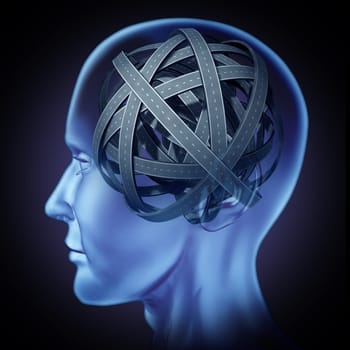 Confused puzzled mind and brain problems symbol featuring a human head with tangled mixed roads and paths representing the concept of cognitive illness and memory loss solving to find a solution and answers to mysteries of the human brain.