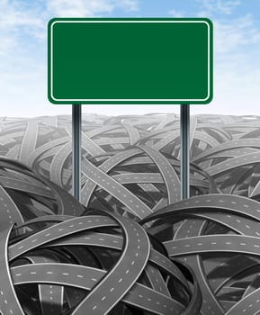 Challenges and obstacles with a green blank highway sign representing the concept of solutions and answers in a confusing maze of tangled roads showing the nedd for management and leadership with a clear strategy to move through the red tape.