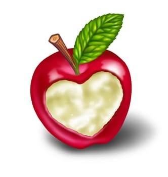Dieting and healthy living natural food diet featuring a red apple with a heart shape carved into the ripe delicious fruit as a symbol and concept of healthcare and eating whole foods from nature on white with a green leaf.