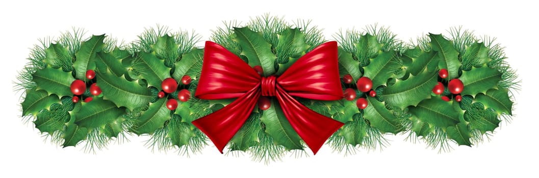 Christmas decoration border with red silk bow with pine border ornamental holiday decoration for Holiday festive winter celebration on a white background.