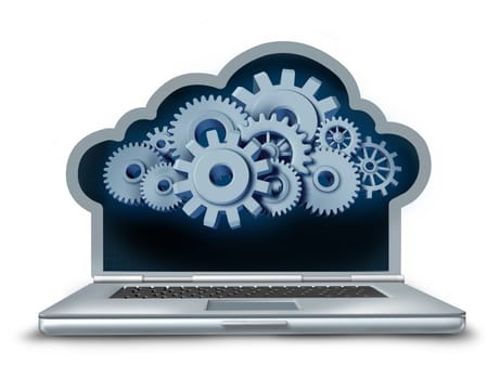 Cloud computing symbol represented by a laptop computer in the shape of a cloud providing streaming digital content from a remote server to the computing device made of gears and cogs.