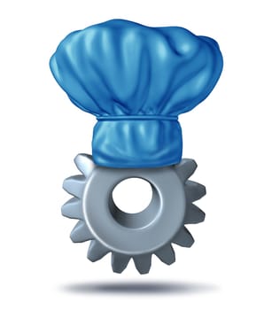 Corporate catering food services  as a gear with a  blue chef hat for arestaurant caterer for mobile business meals at dining conventions or snacking on hors d'oeuvres serving finger food appetizers, starters at cocktail parties.