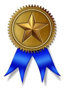 First Place golden seal with gold star rating award and blue silk ribbon for best in class service and quality for winning the highest level in customer satisfaction and success in being number 1 on a white background.