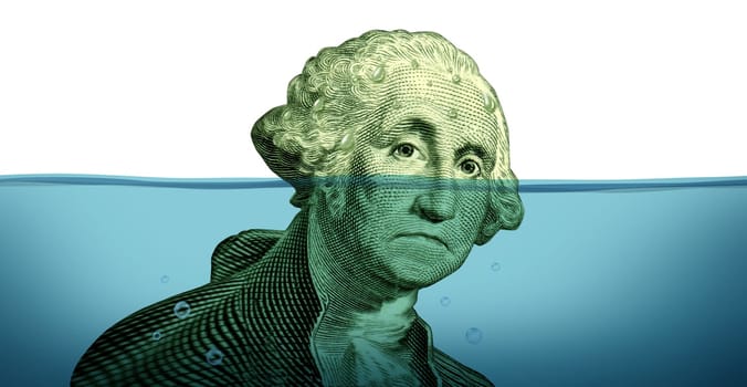 Debt problems and keeping your financial head above water represented by a drowning George Washington portrait sinking in blue water as a symbol of urgent business and money management failure and defeat.