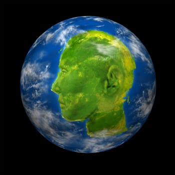 Global human interactive communications leader concept as planet Earth with a continent map shaped as a human head and face for leadership and business success in international virtual connections on a black background.
