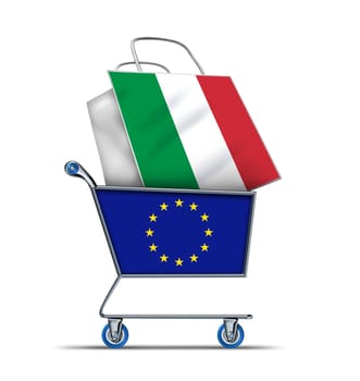 Europe buying Italian debt with a shopping cart as a European concept and a shopping bag with a flag of Italy as an economic trading idea of the Italian financial health in regards to selling Italy assets As an emergency  baillout.