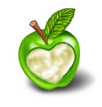 Healthy living and good diet with natural food and exercise symbolised by a green apple with a heart shape carved into the ripe delicious fruit as a symbol and concept of healthcare and eating whole foods from nature on white.
