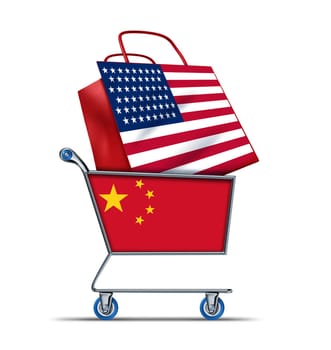 U.S. for sale with China buying American debt with a shopping cart as a Chinese concept and a shopping bag with a flag of the U.S.A. as an economic trading idea of the state of the American financial health in regards to selling U.S. assets to foreigners from asian and other countries.