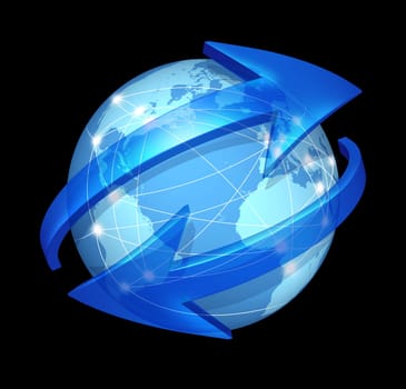Global communications symbol  on black and connections concept with a blue international globe of the world with two curved arrows going around the sphere as a social exchange and trade icon for imports and exports of goods and digital media content.