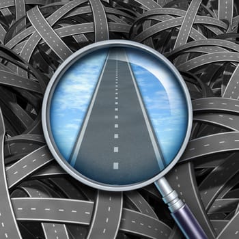 Answers and solutions with a clear path and direction to business questions represented by confused tangled roads with a transparent magnifying glass guiding the way forward with a straight road of success.