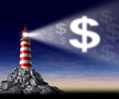 How to make money symbol with a lighthouse beaming a guiding light in the shape of a dollar sign as guidance and teaching financial freedom and success and secret path to profits and rich wealth and wealthy lifestyle.