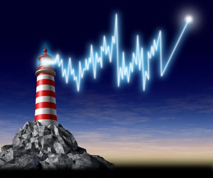 Investing advice and financial guidance represented by a lighthouse with a beaming shining light in the shape of a stock market graph that is pointing to higher as a business finance symbol of good professional wealth management from an advisor.
