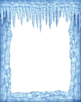 Frozen ice and icicles frame winter design element on a blank white background representing the cold arctic weather and low freezing  temperatures resulting in hanging shiny transparent ice crystals.