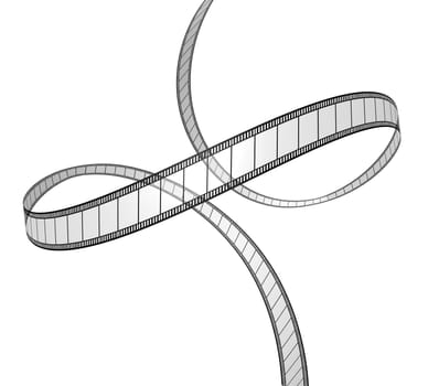 Film in dynamic perspective movie frames in a 3d twisted shape on white background for cinema and motion pictures as a digital film industry symbol floating in space showing the concept of visual media.