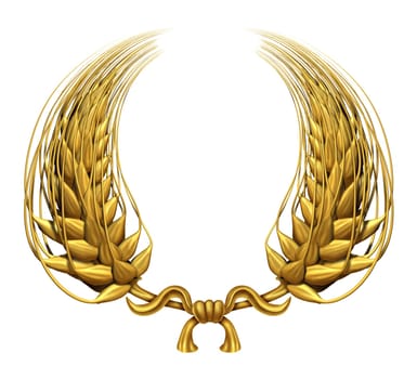 Gold laurel wreath of golden wheat representing an award and success of winning and a certified  achievement as a decorative element made of twisted 3d wheat grass and harvested food grain as a symbol of health.