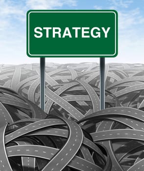 Business strategy and challenge with green highway sign for Solutions and success with clear vision due to careful planning and management building a road bridge over a maze of tangled mess of roads and highways cutting through the confusion and succeeding in corporate life.