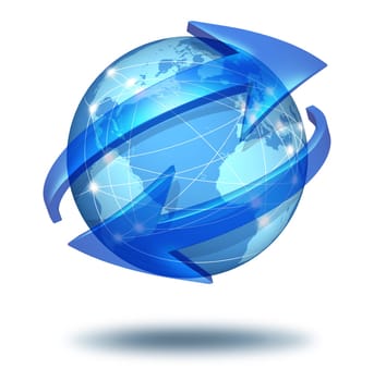 Global communications symbol and connections concept with a blue international globe of the world with two curved arrows going around the sphere as a social exchange and trade icon for imports and exports of goods and digital media content.