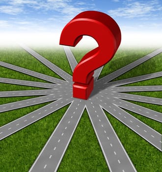 Questions and strategies symbol represented by a network of roads and highways merging to a center point with a red 3d question mark showing many options and paths available to a team and common goals vision and a multiple paths to a unified strategy.