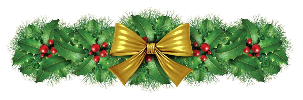 Christmas Gold silk bow border decoration with pine design element as an  ornamental holiday decoration for Holiday festive winter celebration on a white background.