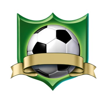 Soccer crest award with blank gold label showing a soccer ball tournament champion symbol represented by a white and black ball and golden ribbon as a concept of team sports competion winning and soccer course  game activity.