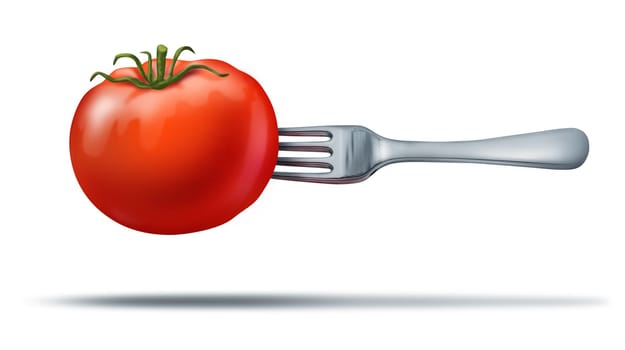 Health whole food showing a natural organic  juicy red tomato with a silver metal fork in it to represent healthy eating and vegetarian or dieting lifestyle.