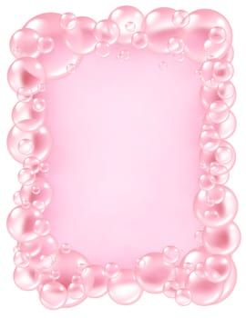 Pink bubbles frame and transparent bath soap sud  bubble composition  with blank area in the middle for text with bunch of foam soap suds in many circular sizes in the air floating as clean dainty pretty symbols of washing and freshness.