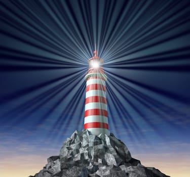 Beaming light from a lighthouse on a rock mountain and strategic guidance as a symbol for solutions and answers with a light house concept on a black background for security and clear direction assistance in planning for a business strategy and clear guidance and consultation advice.