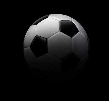 Soccer football symbol on a black background represented by a black and white soccer ball showing the theme of sports and leisure outdoor recreation and fitness icon for athletes and team members of a competitive tournament squad.