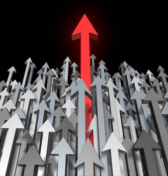 Growth and Success breaking through competition moving up and standing out from the crowd and aspireing for greatness and clear focus of a goal as a red arrow leading the race with grey arrows for  competition acheivment.