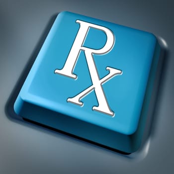 Prescription rx blue computer key on a keyboard button as a pharmacist symbol and medical data records concept for health care issues representing the medicine and pain releif cure recommended by medical hospital doctor.